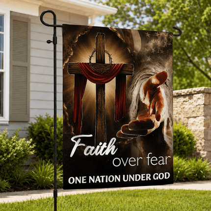 Faith Over Fear Reaching Hand Cross One Nation Under God Flag