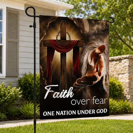 SP-01 Glowing Cross Garden Flag Faith Over Fear One Nation Under God