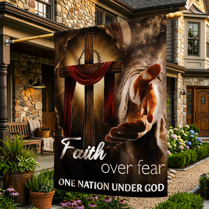 SP-01 Glowing Cross Garden Flag Faith Over Fear One Nation Under God