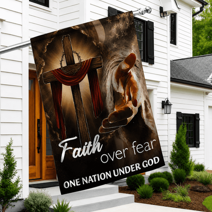 Faith Over Fear Reaching Hand Cross One Nation Under God Flag