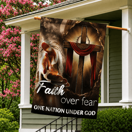 Faith Over Fear Reaching Hand Cross One Nation Under God Flag