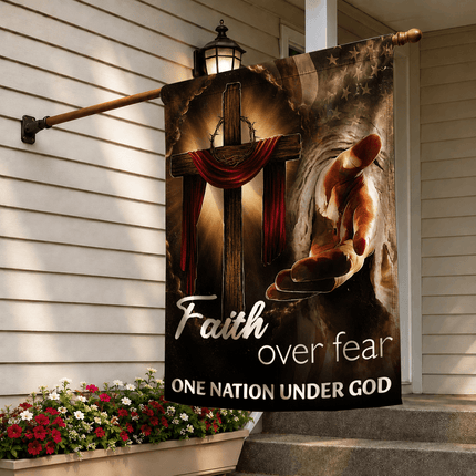 Faith Over Fear Reaching Hand Cross One Nation Under God Flag