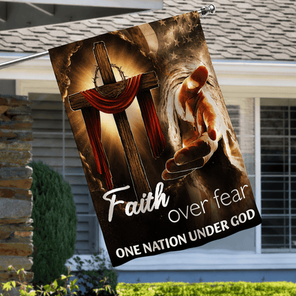 Faith Over Fear Reaching Hand Cross One Nation Under God Flag