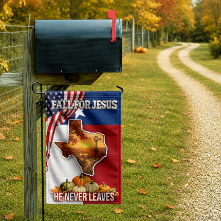 Texas Fall for Jesus He Never Leaves Pumpkin Christian Flag