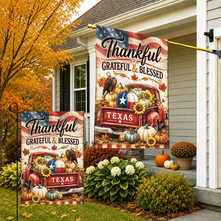 Texas Thankful Grateful Blessed Vintage Truck Pumpkin Fall Flag