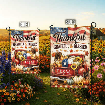 Texas Thankful Grateful Blessed Vintage Truck Pumpkin Fall Flag