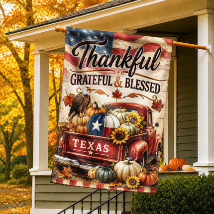 Texas Thankful Grateful Blessed Vintage Truck Pumpkin Fall Flag