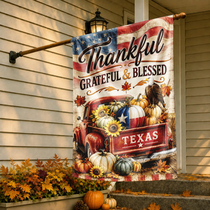 Texas Thankful Grateful Blessed Vintage Truck Pumpkin Fall Flag