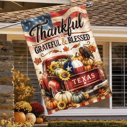 Texas Thankful Grateful Blessed Vintage Truck Pumpkin Fall Flag