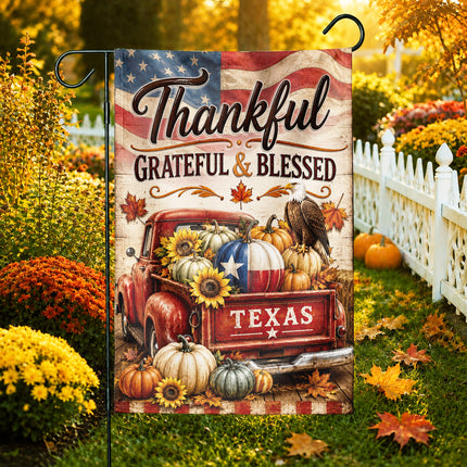 Texas Thankful Grateful Blessed Vintage Truck Pumpkin Fall Flag