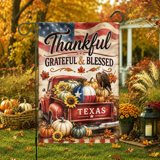 Texas Thankful Grateful Blessed Vintage Truck Pumpkin Fall Flag