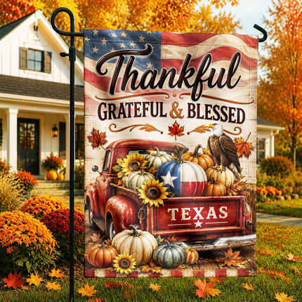 Texas Thankful Grateful Blessed Vintage Truck Pumpkin Fall Flag