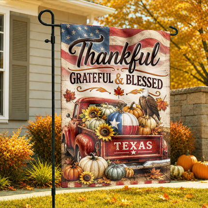Texas Thankful Grateful Blessed Vintage Truck Pumpkin Fall Flag