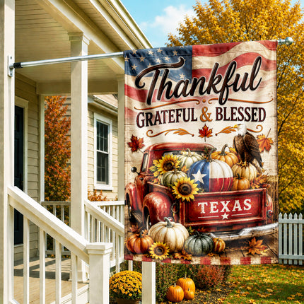 Texas Thankful Grateful Blessed Vintage Truck Pumpkin Fall Flag