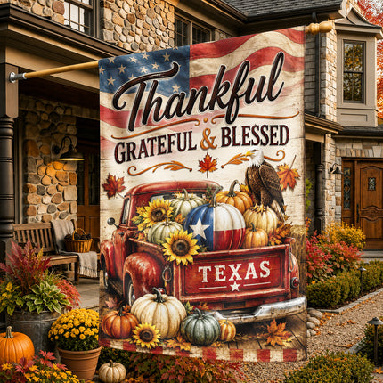 Texas Thankful Grateful Blessed Vintage Truck Pumpkin Fall Flag