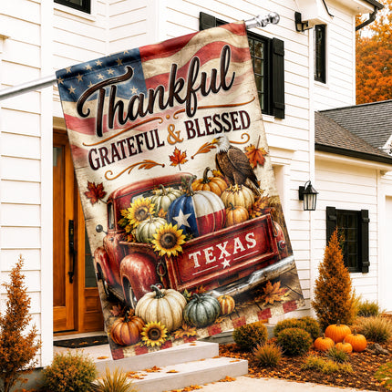 Texas Thankful Grateful Blessed Vintage Truck Pumpkin Fall Flag