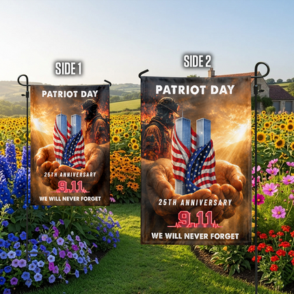 Patriot Day 25th Anniversary Hands Holding Twin Towers Firefighter Memorial Flag