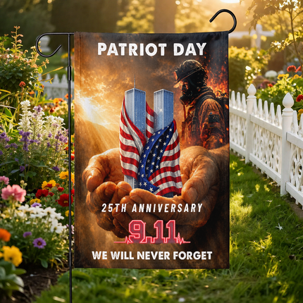 Patriot Day 25th Anniversary Hands Holding Twin Towers Firefighter Memorial Flag