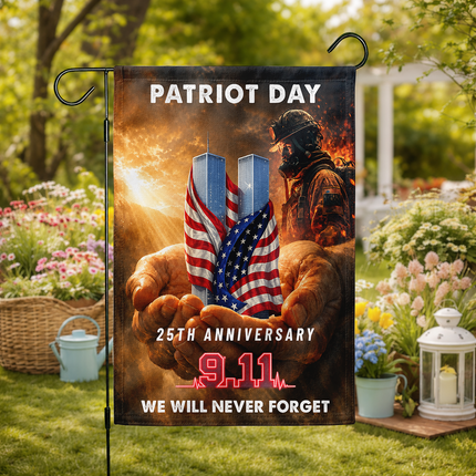 Patriot Day 25th Anniversary Hands Holding Twin Towers Firefighter Memorial Flag