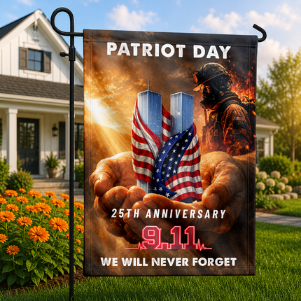 Patriot Day 25th Anniversary Hands Holding Twin Towers Firefighter Memorial Flag