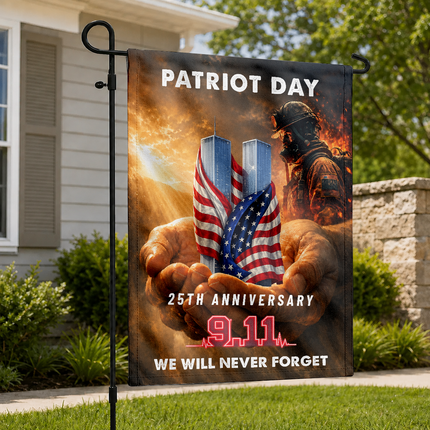 Patriot Day 25th Anniversary Hands Holding Twin Towers Firefighter Memorial Flag