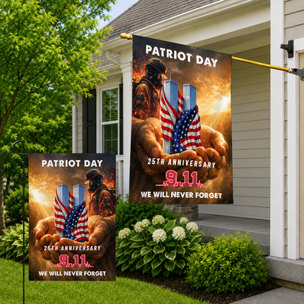 Patriot Day 25th Anniversary Hands Holding Twin Towers Firefighter Memorial Flag