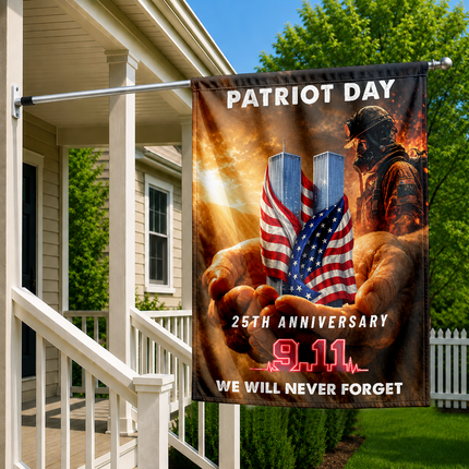 Patriot Day 25th Anniversary Hands Holding Twin Towers Firefighter Memorial Flag