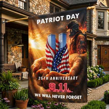 Patriot Day 25th Anniversary Hands Holding Twin Towers Firefighter Memorial Flag