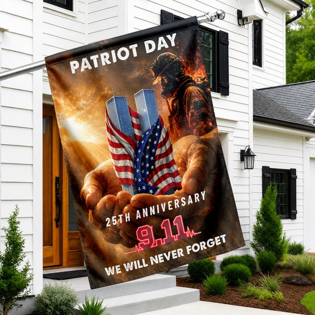 Patriot Day 25th Anniversary Hands Holding Twin Towers Firefighter Memorial Flag