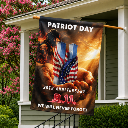 Patriot Day 25th Anniversary Hands Holding Twin Towers Firefighter Memorial Flag