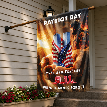 Patriot Day 25th Anniversary Hands Holding Twin Towers Firefighter Memorial Flag
