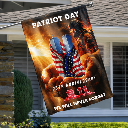 Patriot Day 25th Anniversary Hands Holding Twin Towers Firefighter Memorial Flag
