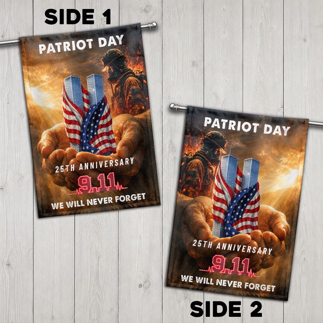 Patriot Day 25th Anniversary Hands Holding Twin Towers Firefighter Memorial Flag