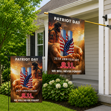 Patriot Day 25th Anniversary Hands Holding Twin Towers Firefighter Memorial Flag