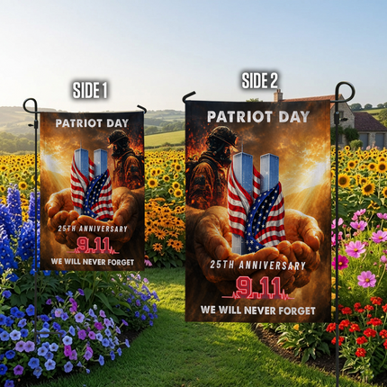 Patriot Day 25th Anniversary Hands Holding Twin Towers Firefighter Memorial Flag