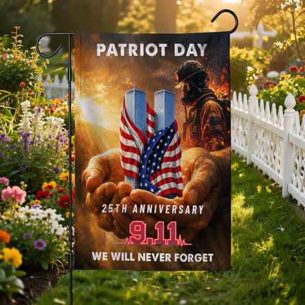 Patriot Day 25th Anniversary Hands Holding Twin Towers Firefighter Memorial Flag