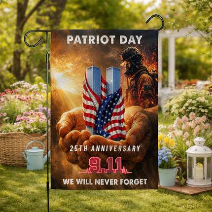 Patriot Day 25th Anniversary Hands Holding Twin Towers Firefighter Memorial Flag