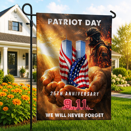 Patriot Day 25th Anniversary Hands Holding Twin Towers Firefighter Memorial Flag