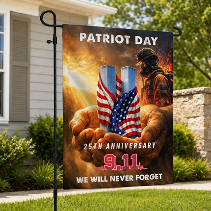 Patriot Day 25th Anniversary Hands Holding Twin Towers Firefighter Memorial Flag