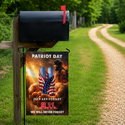 Patriot Day 25th Anniversary Hands Holding Twin Towers Firefighter Memorial Flag