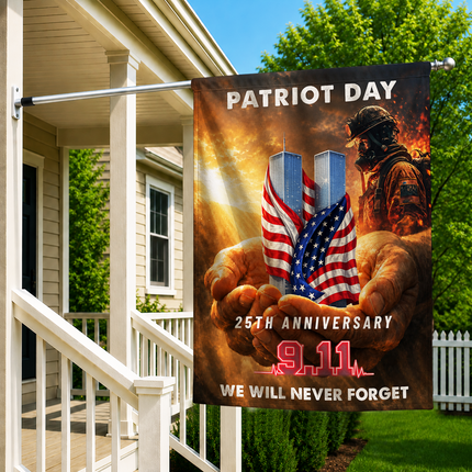 Patriot Day 25th Anniversary Hands Holding Twin Towers Firefighter Memorial Flag