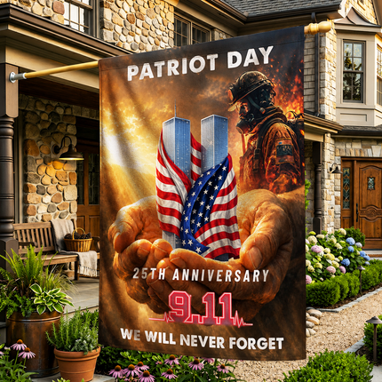 Patriot Day 25th Anniversary Hands Holding Twin Towers Firefighter Memorial Flag