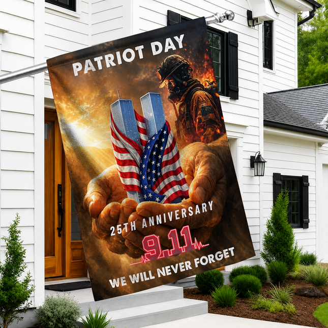 Patriot Day 25th Anniversary Hands Holding Twin Towers Firefighter Memorial Flag