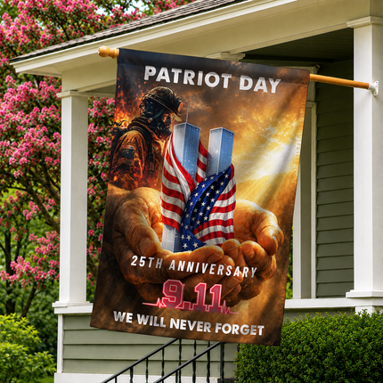 Patriot Day 25th Anniversary Hands Holding Twin Towers Firefighter Memorial Flag