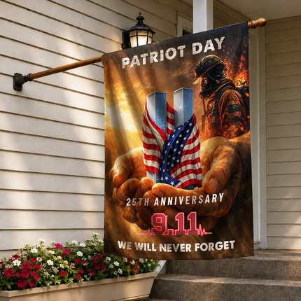 Patriot Day 25th Anniversary Hands Holding Twin Towers Firefighter Memorial Flag
