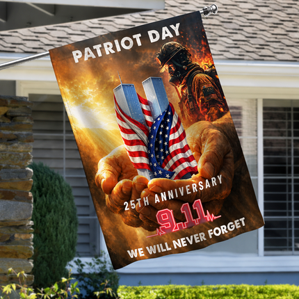 Patriot Day 25th Anniversary Hands Holding Twin Towers Firefighter Memorial Flag