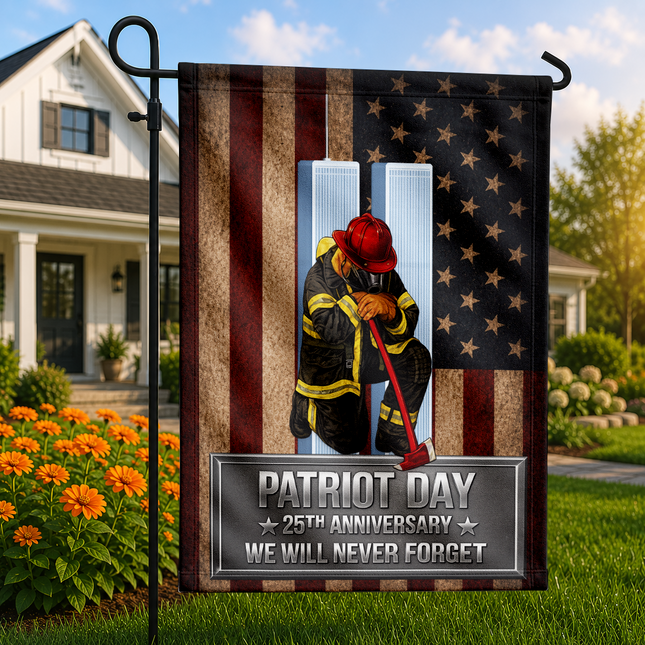 Patriot Day 25th Anniversary Kneeling Firefighter Axe Memorial Flag
