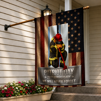 Patriot Day 25th Anniversary Kneeling Firefighter Axe Memorial Flag