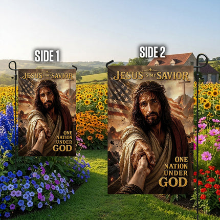 Jesus Is My Savior Reaching Hand One Nation Under God Flag