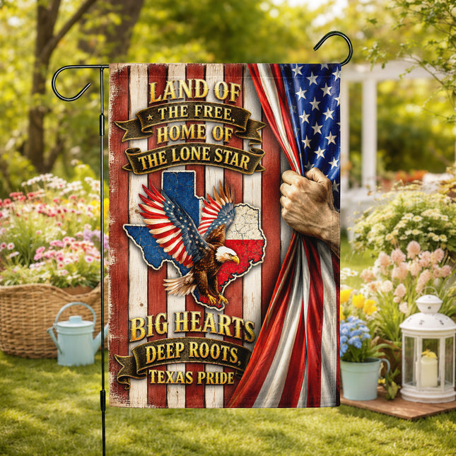 Texas Flag Big Hearts Deep Roots Lone Star Eagle Patriotic Flag